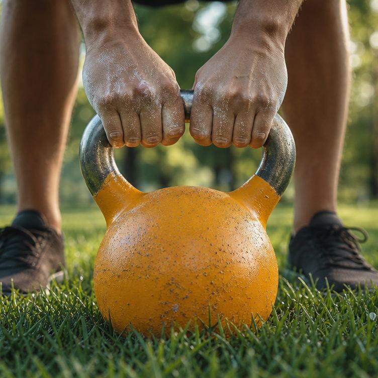 Manos con magnesio tomando una kettlebell en el pasto - Zanos