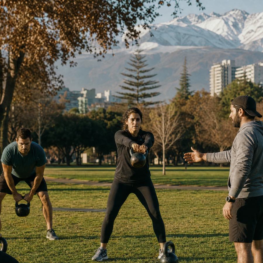 Grupo entrenando con kettlebells en un parque de Vitacura con la cordillera - Zanos
